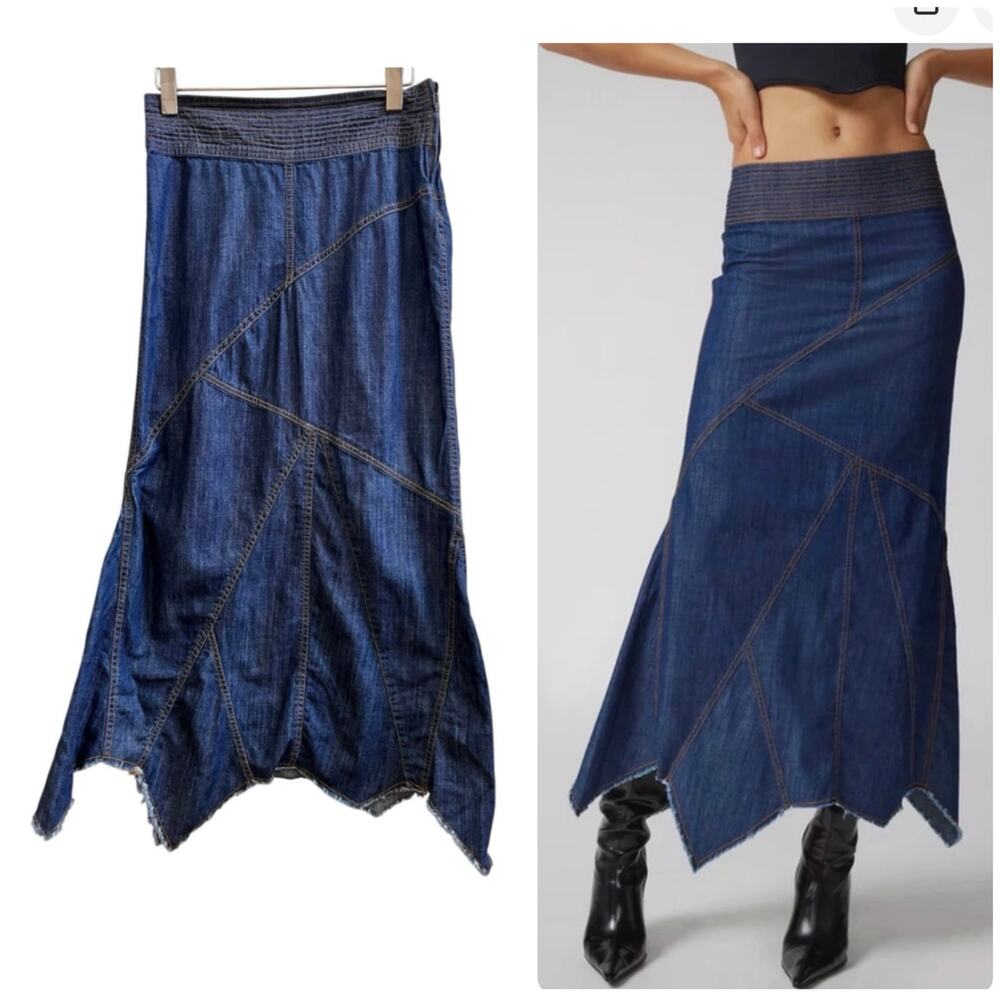 UO Urban Outfitters Evie Seam Asymmetrical Hem Denim Midi Skirt Small Retro 90s